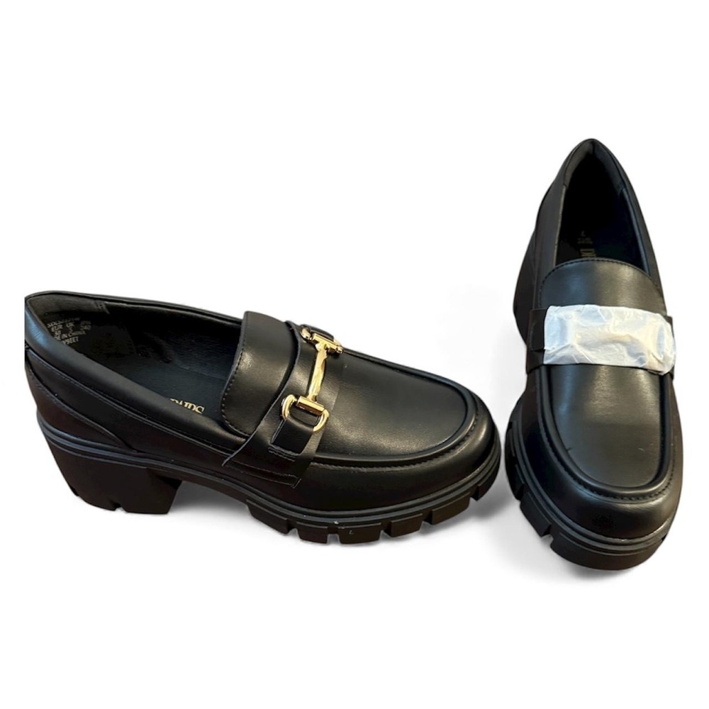 Dream Pairs Black Chunky Platform Loafers‎ Gold Chain Detail Women's Size 7 NWOB